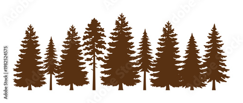 Rustic pine tree silhouette border, brown evergreen forest line vector, coniferous woodland landscape graphic for outdoor adventure branding