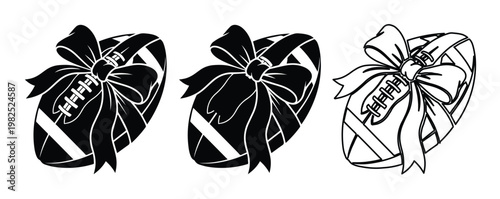 American football with gift bow vector set, black and white sports ball icons, 3 decorative football elements for holiday sports marketing