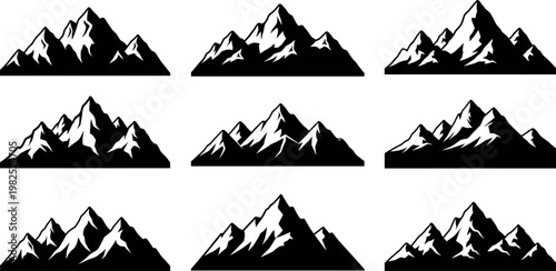 Mountain Range Set with Black and White Silhouettes for Nature, Wilderness, and Adventure Designs