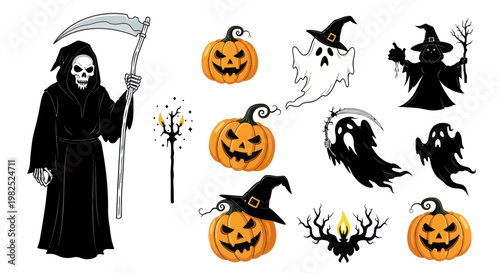 Halloween Icons Collection: Grim Reaper, Pumpkins, Ghosts, Witch