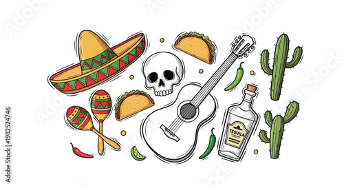 Mexican Fiesta Elements: Sombrero, Guitar, Skull, Tequila, Cactus, Tacos, Maracas