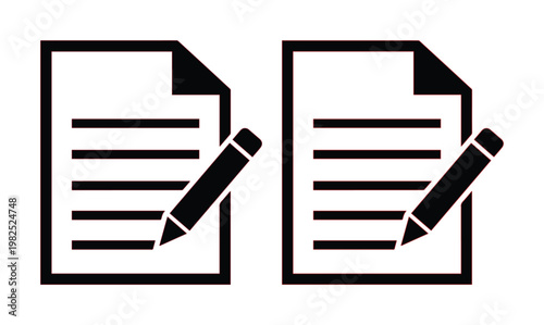 Minimalist document edit icons, black flat vector paper and pencil symbols, business contract signing and copywriting web elements