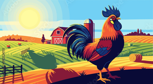 Rooster Crowing at Sunrise on a Farm with Barn and Fields