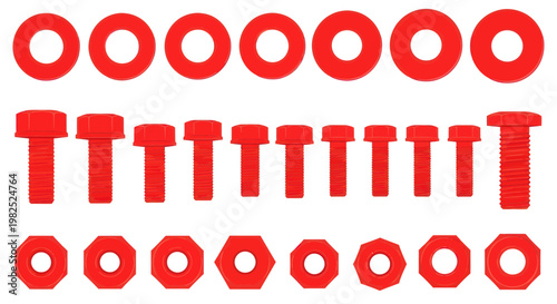 Red Bolts, Nuts, and Washers: Fastener Collection for Construction and DIY Projects