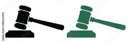Judge gavel and sound block vector icons, black and green wooden hammer silhouettes, legal justice and auction symbol set for law firm branding