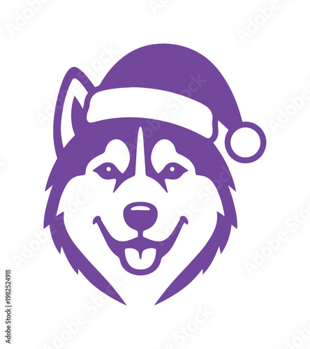 Purple Siberian Husky wearing Santa hat vector illustration, Christmas dog head mascot, festive winter pet portrait for holiday greeting cards