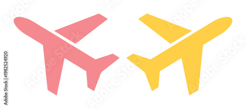 Minimalist airplane icons in pink and yellow, flat vector aircraft silhouettes for travel and aviation branding, set of two flying plane symbols
