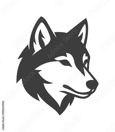 Minimalist wolf head vector logo, black and white husky mascot icon, stylized wild animal profile for sports branding and outdoor apparel