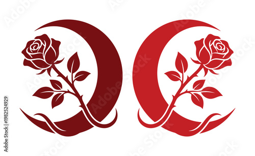 Gothic red rose and crescent moon vector set, romantic floral moon silhouettes, mystical celestial flower icons for occult branding and tattoos