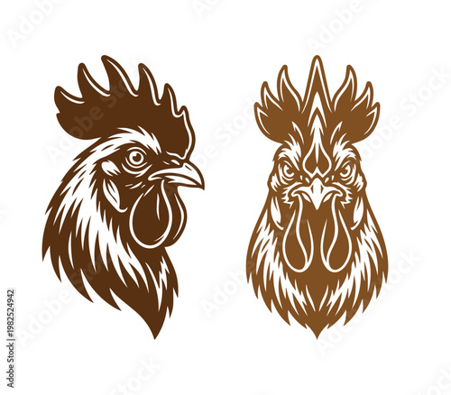 Vintage rooster head vector illustration set, hand drawn brown cockerel mascot icons, rustic farm animal profile and front view graphics