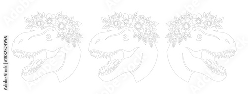 Minimalist T-Rex dinosaur head line art with floral crown, set of 3 Tyrannosaurus Rex vector illustrations, prehistoric animal coloring page