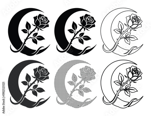 Bilde på lerret Mystical rose and crescent moon vector set, gothic floral celestial icons, black