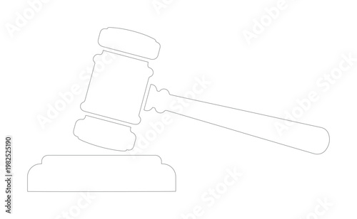 Minimalist judge gavel outline vector, legal auction hammer line art icon, white court gavel on sound block for law and justice concepts