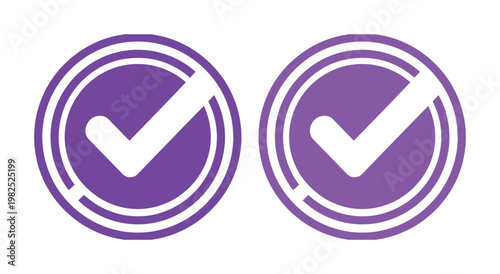 Purple check mark icons in circular frames, set of 2 vector checkmark symbols for approval, flat minimalist validation signs for web and app UI