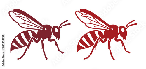 Vintage hornet mascot vector, maroon wasp insect illustration, set of two stylized stinging bee icons for sports team branding and logos