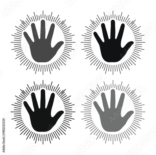 Mystical hand silhouette icons with sunburst rays, spiritual palmistry symbols in black and grey, celestial hamsa hand vector set for occult branding