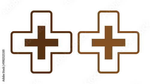 Brown medical cross icons, minimalist healthcare symbols in vector format, simple first aid plus signs for pharmacy and hospital branding