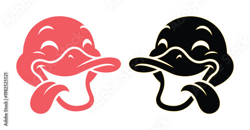 Vintage cartoon duck head mascot, retro laughing duck character with tongue out, set of 2 vector icons in pink and black for streetwear design