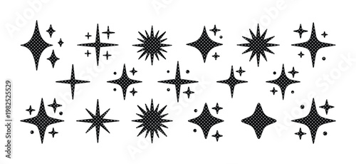 Sparkle star icons set, black celestial twinkle vector elements, minimalist shining starburst collection for magic and celebration graphics