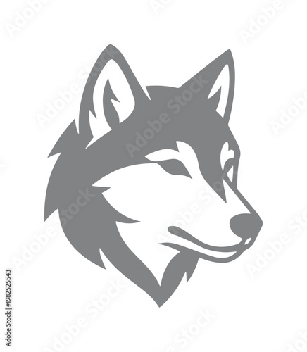 Minimalist wolf head vector logo, stylized grey husky or malamute profile icon, modern wild animal mascot for sports branding and identity