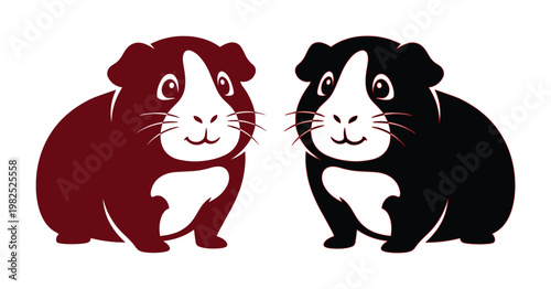 Cute guinea pig vector illustration, pair of domestic cavy rodents in black and maroon colors, stylized pet animal characters for veterinary and pet shop branding