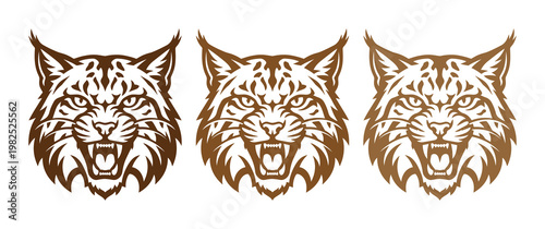 Vintage bobcat head mascot vector set, fierce lynx face illustrations with aggressive expression, wild cat sports team logo collection in brown