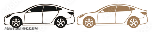 Modern electric sedan car vector icons, minimalist side view vehicle silhouettes, black and brown automotive line art for web design and infographics