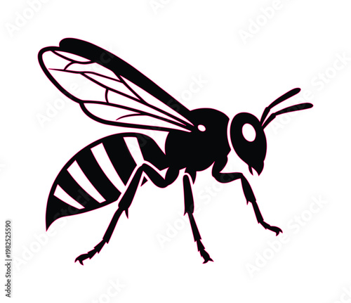 Minimalist wasp silhouette vector, black hornet icon on white background, stinging insect graphic for pest control and nature branding
