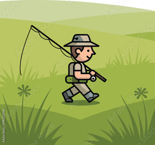 Fisherman with rod walking in field vector on white background. 