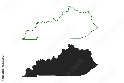 Kentucky State Map Outline and Solid Silhouette Vector Illustration. Simple Flat Design of the Commonwealth of Kentucky for Cartography, Education, Travel, and Geographic Projects. Isolated Icons.