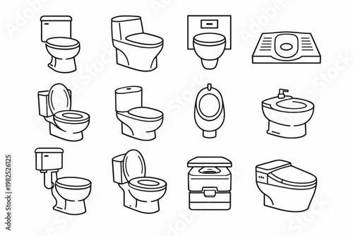 Vector line art icon set featuring various toilet designs including flush toilets, squat toilets, urinals, bidets, and portable toilets for bathroom hygiene, sanitation, and plumbing projects.