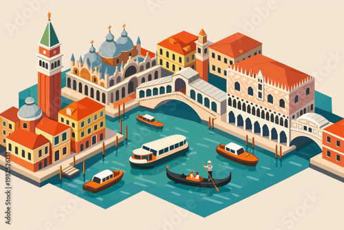 Isometric Vector Illustration of Venice Italy Featuring Iconic Architecture like St. Marks Basilica, Rialto Bridge, and Doges Palace with Gondolas and Boats on the Grand Canal Waterway.