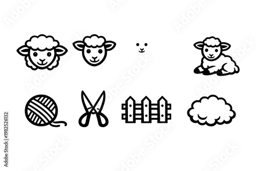 Vector line art icon set of sheep and wool production featuring cute lamb faces, standing and sitting sheep, yarn ball, shearing scissors, wooden farm fence, and wool bundle for textile branding.
