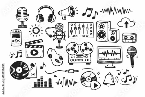 Hand Drawn Doodle Icons of Audio Recording Equipment and Music Production Elements Featuring Microphones, Headphones, Speakers, Vinyl Records, Cassette Tapes, Sound Waves, and Studio Gear Sketch