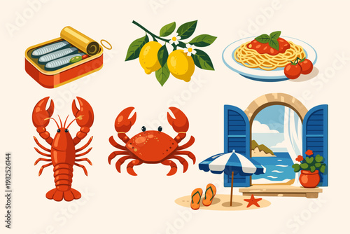 Mediterranean Italian Summer Vector Set Featuring Sardines Can, Lemon Branch, Spaghetti Pasta, Lobster, Crab, and a Scenic Beach Window View with Umbrella and Flip Flops for Coastal Vacation.