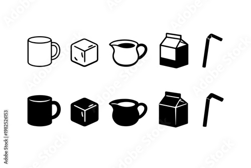 Collection of black coffee and beverage icons with mug, ice cube, creamer pitcher, milk carton, and straw in outline and solid styles. Vector graphics for cafe menus, kitchen branding, and design.