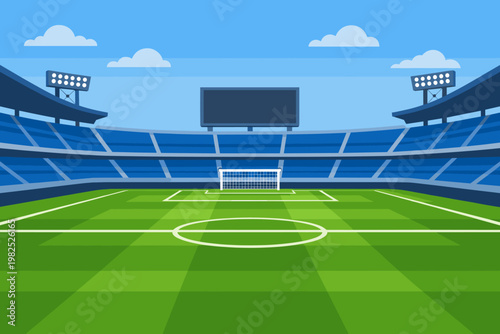 Empty Soccer Stadium Arena with Green Grass Field, Goal Post, Scoreboard, and Floodlights in Simple Flat Vector Illustration Style for Sports Competition Background and Match Day Promotion.
