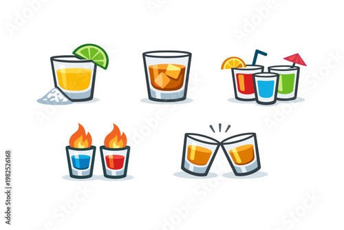 Set of Shot Glass Icons Featuring Tequila with Lime and Salt, Whiskey on the Rocks, Colorful Party Cocktails with Umbrella, Flaming Shots, and Two Glasses Clinking for a Cheers Toast Graphic