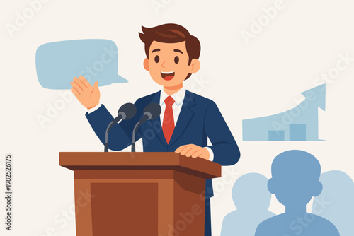 Young Caucasian male cartoon character in a professional suit giving an inspiring speech at a podium with microphones, speech bubble, and growth chart. Flat vector for business and leadership.