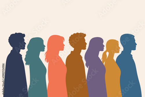 Colorful Silhouettes of Diverse Men and Women Standing in a Row Facing Right Side Profile View. Simple Flat Vector Illustration Representing Community, Teamwork, Inclusion, and Social Diversity.