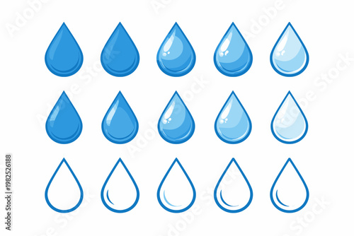 Set of Water Drop Icons Featuring Blue Liquid Solid and Outline Rain Droplets. Vector Symbols Illustration for Graphic Design, Weather Apps, Nature Conservation, and Environmental Concepts.
