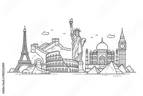 World Landmarks Line Art Illustration Featuring Eiffel Tower, Great Wall of China, Colosseum, Statue of Liberty, Taj Mahal, Pyramids of Giza, and Big Ben. Minimalist Vector Travel Icon Set Design.