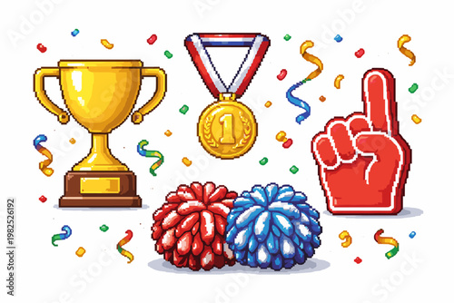 Pixel Art Sports Fan Accessories Set Featuring Gold Trophy Cup, First Place Winner Medal, Red Foam Finger, Cheerleader Pom-Poms, and Colorful Confetti Streamers for Victory Celebration and Gaming.