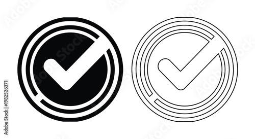 Minimalist check mark icons in circular frames, black solid and outline tick symbols, 2 vector elements for approval and verification status