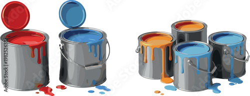 Paint Can Set with Red, Blue, Orange, and Dripping Paint for Home Decor, DIY, and Painting Projects