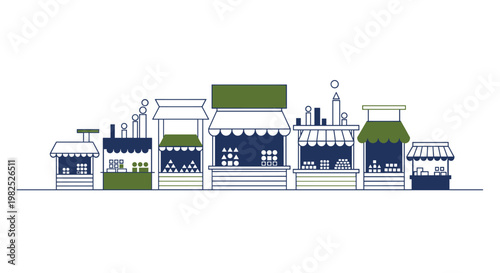 A row of market stalls, rendered with clean lines and a minimalist style, featuring a palette of green and blue against a white backdrop, conveying a sense of commerce and