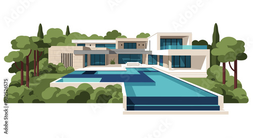 Contemporary architectural villa with swimming pool, surrounded by lush trees, showcasing modern design elements, clean lines, and a refreshing turquoise water feature, perfect