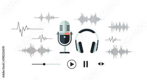 Minimalist audio recording set featuring microphone, headphones, and waveform illustrations, rendered in grayscale with teal accents, perfect for podcasting, music production, and