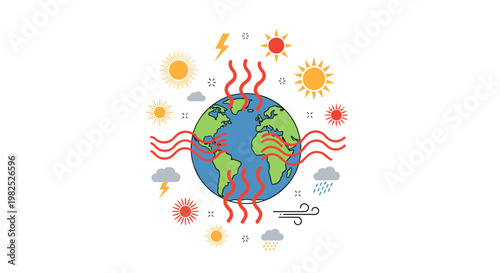 Vibrant illustration depicting earth's climate change, showcasing rising temperatures, solar energy, and weather patterns with dynamic red and orange elements on a clean white