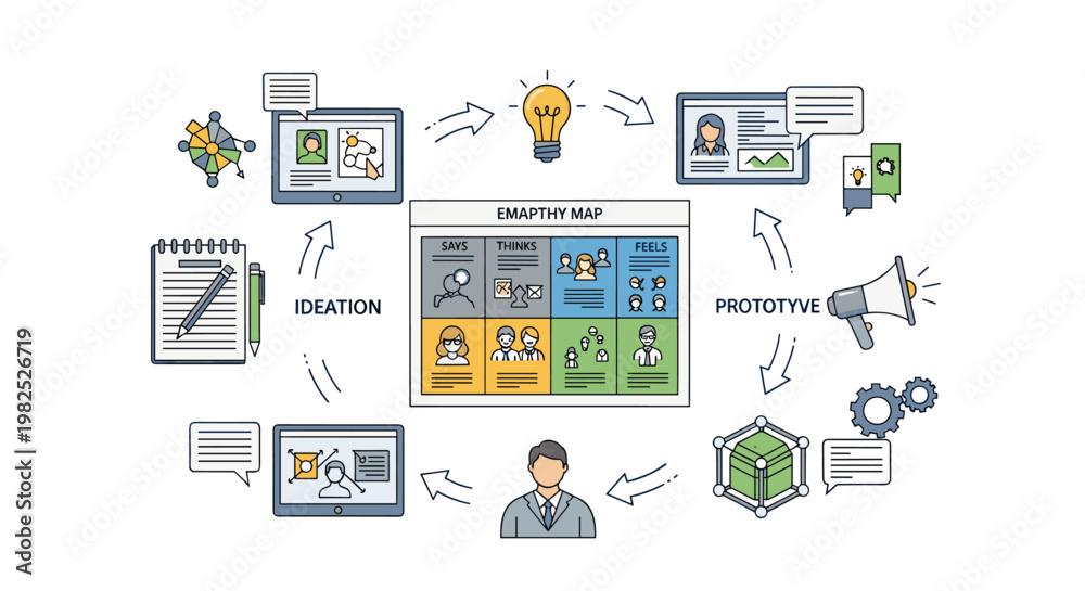 Naklejka premium Empathy map presentation, showcasing business process with colorful elements, including laptop, lightbulb, and megaphone, illustrating ideation, prototyping, and user experience